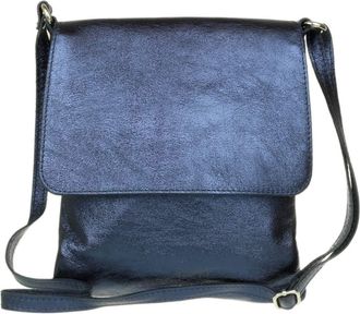 Girly HandBags Womens Genuine Soft Leather Italian Cross Body Messenger Bag Vera Plelle Shoulder Bag Flap Zipper (Metallic Navy)