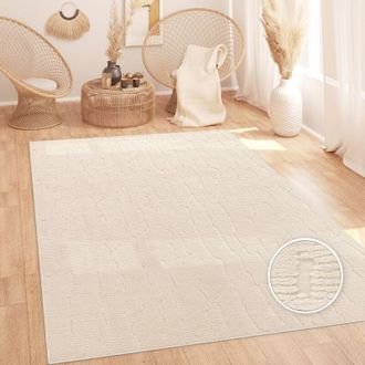 Paco Home Alfombra Sala-De-Estar Pelo-Alto Escandinavo Estilo Boho Esponjoso Lavable Crema 200x280 cm - Paco Home