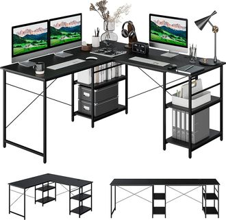 Costway Costway - Escritorio De Ordenador En Forma De L, 3 Orificios Para Cables, 4 Estantes, 2 Formas, Mesa De Trabajo De 2 Personas,mesa Escritorio Esquina 