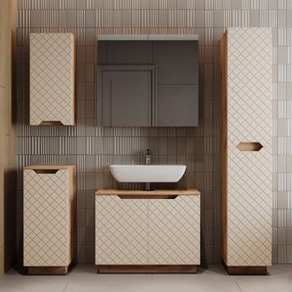Vicco Juego De Muebles De Ba&ntilde;o Lotta, Roble/cachemira Con Estructura De Azulejos, 5 Partes, Vicco