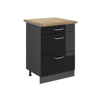 Vicco Mueble Bajo De Cocina R-line, Negro Brillo Intenso, 60 Cm Con Cajones, Et Roble