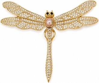 Savvy Cie Jewels GOLD PLATED OVER BRASS DRAGONFLY PEARL AND WHITE CZ BROOCH