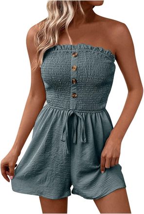 Generic Women Summer Overalls Jumpsuits Dungarees Shorts Elegant Romper Sleeveless Work Clothing Solid Ladies Strapless Trouser Suit Adjustable Waist Sexy Ove