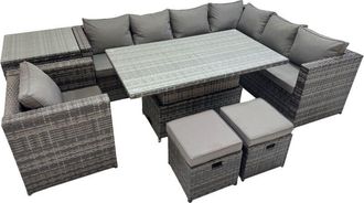 Fimous Fimous 9 Seater Rattan Height Adjustable Rising Lifting Table Corner Sofa Sets with Chair Side Table 2 Small Stools Dark Grey Mixed