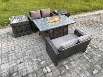 Fimous 4 Seater Rattan Garden Furniture Set Outdoor Lounge Sofa Chair Gas Fire Pit Dining Table Set With Double Seat Sofa 2 Side Tables in Dark Grey