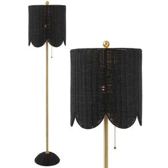 Jonathan Y Designs Joel Scallop Shade Rattan/Metal LED Floor Lamp with Pull Chain in Black/brass Gold at Nordstrom