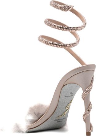 Rene Caovilla Jeweled Fur-Heel Heel Sandal - Beige