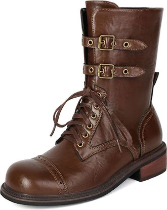 Generic Womens Lace Up Combat Boots with Buckle Round Toe PU Leather Short Boots Flat Heel Platform Mid-Calf Boot,Brown,7.5 UK
