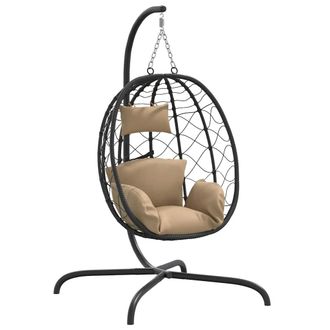 vidaXL Silla Colgante Huevo Acero Y Rat&aacute;n Sint&eacute;tico Con Coj&iacute;n Taup&eacute; Vidaxl
