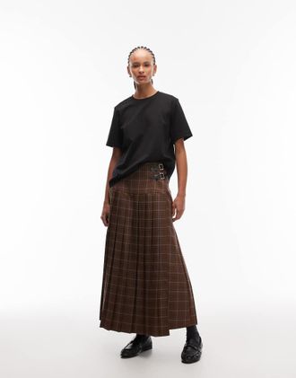 Asos Gonna midi a pieghe blu a quadri stile kilt con fibbie-Multicolore