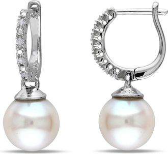 Amour 9 - 9.5 Mm White Cultured Freshwater Pearl Earrings with Diamonds In Sterling Silver
