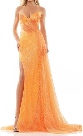 Colors Dress Strapless Glitter Mesh Prom Gown In Orange