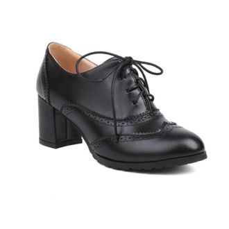 Generic Womens PU Leather Lace Up Brogue Pumps Round Toe Chunky Block Heel Perforated Detail Cushioned Insole Stable Support Non Slip Sole,Black,3.5 UK