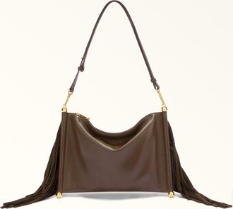 Furla Sfera Soft Shoulder Bag Toni Espresso Nappa Leather + Suede Fringes Woman