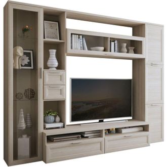 Dmora Parete Attrezzata Carenno, Mobile Soggiorno Modulabile, 4 Cassetti, 8 Ripiani, Marrone Olmo