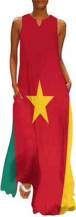Generic Flag of Cameroon Womens Maxi Dresses with Pockets Sleeveless Long Dress Casual Summer V-Neck Sundress