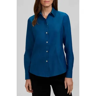 Foxcroft Dianna Non-Iron Cotton Shirt in Teal Green at Nordstrom, Size 16