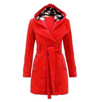 Generic Ladies Belted Long Coat Womens Double-breasted Winter Hooded Warm Jacket UK