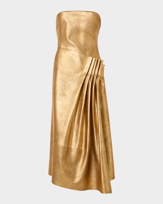 Akris Strapless Asymmetric Gathered Lam&eacute; Nappa Leather Midi Bustier Gown