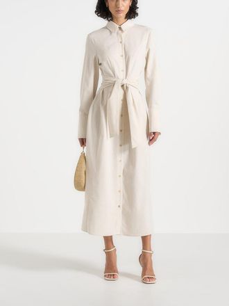 Mani&egrave;re De Voir Fern Linen Midi Shirt Dress With Tie Waist in Natural at Nordstrom, Size 10
