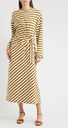 FRNCH Fenouil Directional Stripe Long Sleeve Dress in Olive at Nordstrom, Size X-Large