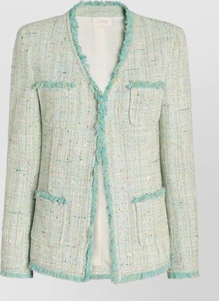 Genny tweed fringe jacket v neck pockets