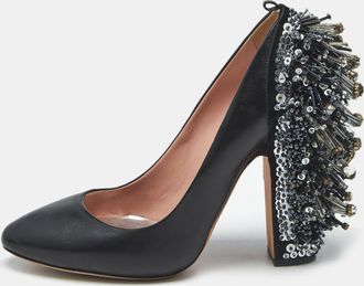 Rochas Black Leather Crystal Embellished Block Heel Pumps