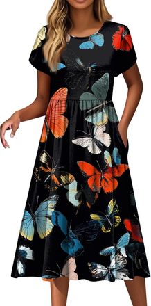 Generic Womens Summer Midi Dress Womens Summer Dresses Multiway Dresses Elegant Butterfly Printed Crew Neck Petal Short Sleeve Midi Dress with Pockets Floral 