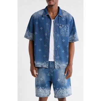 Criminal Damage Laser Print Denim Shirt in Mid Blue at Nordstrom, Size Large