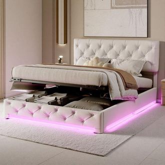 OEM Cama Doble 160x200 - Cofre Hidr&aacute;ulico - Led Rgbw - Cabecera Ajustable - Moderna Minimalista