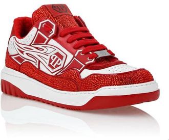 Philipp Plein Mix Leather Lo-Top Sneakers Strass Hexagon Men in White/red at Nordstrom, Size 40