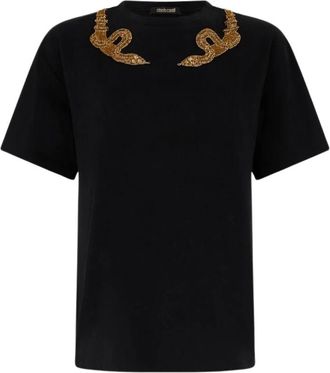Roberto Cavalli T-Shirt met Slangenborduursel - Dames - T-shirts - Zwart - M - Katoen - Tops
