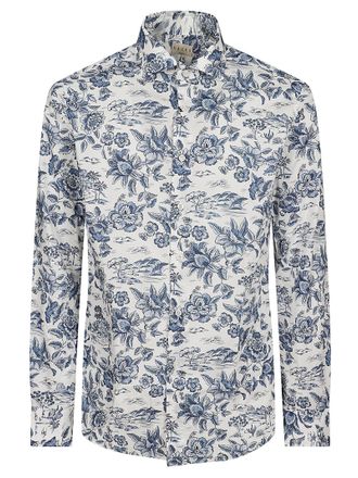 Xacus All-Over Floral Print White Shirt With French Collar