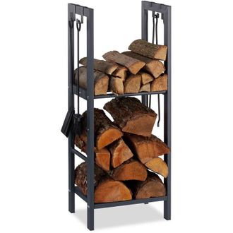 Relaxdays Scaffale Porta-Legna con 2 Ripiani, 100 x 40 x 30 cm, 4 Ganci per gli Accessori da Camino, Acciaio, Antracite - Relaxdays