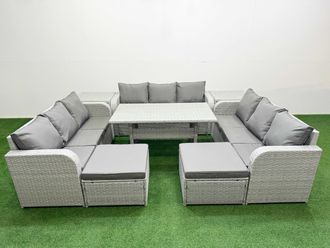 Fimous PE Rattan Lounge Sofa Set 11 Seater Outdoor Garden Furniture Set w/ Rectangular Dining Table 3 Seater Sofa 2 Big Footstools 2 Side Table Light