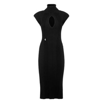 Philipp Plein Padded Shoulder Knit Midi Dress - Dames - Kleedjes - Zwart - M - Leer - Kleedjes