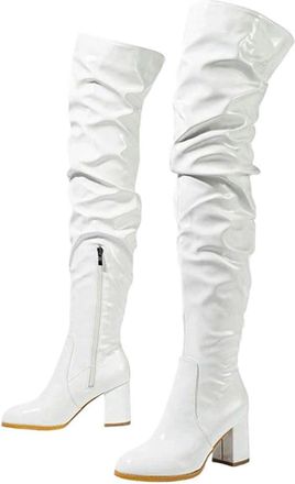 Generic Women Over Knee Patent Leather Boots Round Toe Thick Heel Side Zipper Casual Long Boot