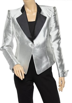 Emporio Armani Metallic Silver Synthetic Contrast Detail Cropped Blazer