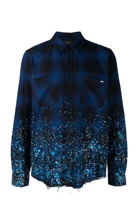 Amiri Crystal Painter Flannel Button-Down Shirt- Blue