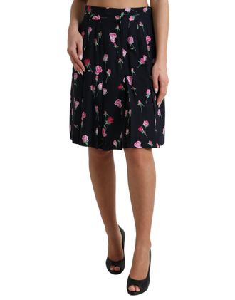 Dolce & Gabbana Womens Rose Print Pleated Skirt Model Ski1947 - Black Silk - Size EU 40 (Womens)