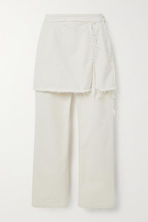 Dries Van Noten Pantaloni Cropped A Gamba Dritta In Twill Di Cotone A Strati Con Frange - Ecru