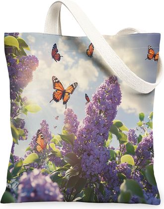 Generic Spring Lilac Flower Canvas Tote Bag for Shopping 13x15, Floral Garden Landscape Reusable Grocery Print Bag for Women, Butterflies Beach Aesthetic Pain