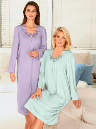 Ascafa Nachthemd ASCAFA Langarm-Nachthemden, Damen, Gr. 36/38, Lang, bunt (flieder, mint), 100% Baumwolle, unifarben, Kleider Nachthemd