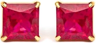 House of Brilliance 18K Yellow Gold 7x7 MM Created Red Ruby Princess Cut Solitaire Stud Earrings at Nordstrom