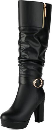 Generic Womens PU Leather Slouch Long Boots with Side Zipper Round Toe Knee High Boots Chunky High Heel Platform Boot with Buckle,Black,7.5 UK
