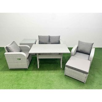 Fimous Light Grey pe Wicker Rattan Garden Furniture Set Sofa Set Reclining Chair Rectangular Dining Table 5 Seater With Footstool 2 Side Table - Fimous