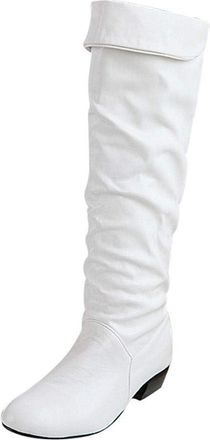 Generic Womens Casual Knee High Boots 2025 Winter Casual Solid Color Wide Calf Slouchy Soft Ruched Leather Chunky Block Heels Long Booties Waterproof Comfort 