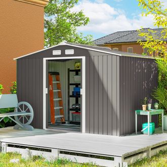 OUTSUNNY Garden Shed Storage Unit w/ Locking Door Floor Foundation Vent in Grey