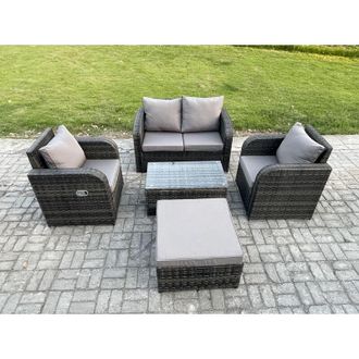 Fimous 5 pc Outdoor pe Rattan Garden Furniture Set Wicker Love Sofa Coffee Table 2 Armchair Big Footstool Dark Grey Mixed - Fimous