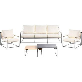 Beliani Garden Sofa Set Black and Beige Steel Powder Coated 5 Seater with Armchairs Cushions Two Coffee Tables Modern Design Outdoor Conversation Set VENARIA